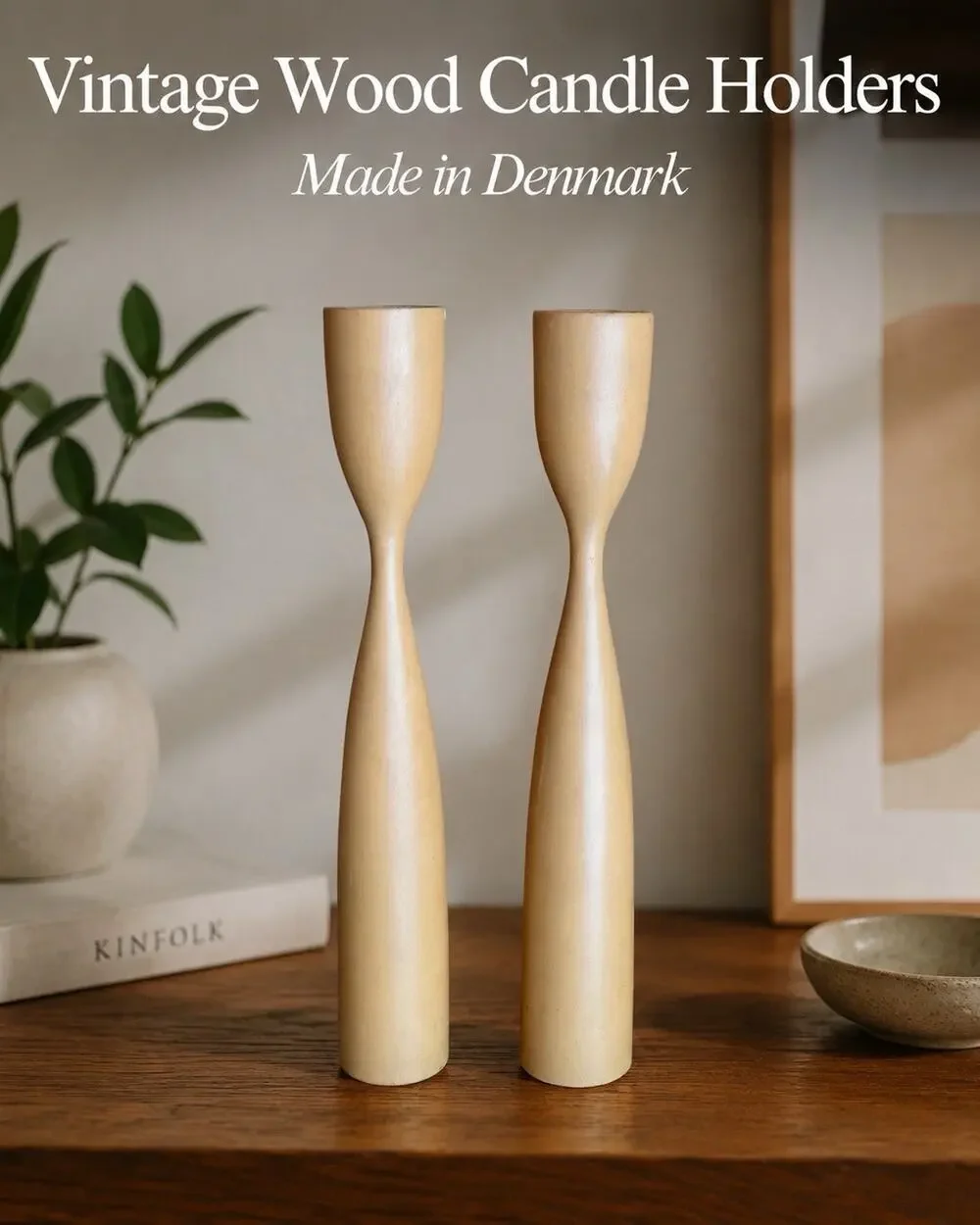 Vintage Danish Modern Wood Candle Holder Pair Made In Denmark MCM Mid Mod